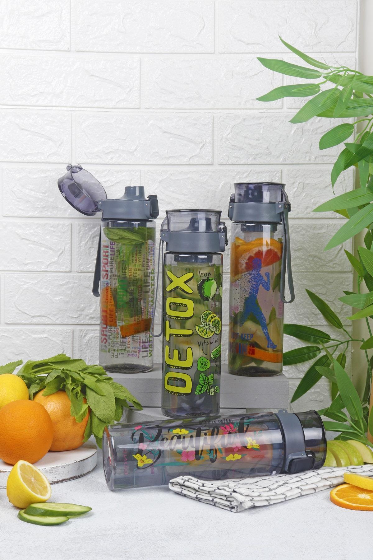 2 Adet Desenli Kilitli Kendiliğinden Süzgeçli Kolay Taşınabilir Detoks Sporcu Diyet Matarası 800 ML - Renkli