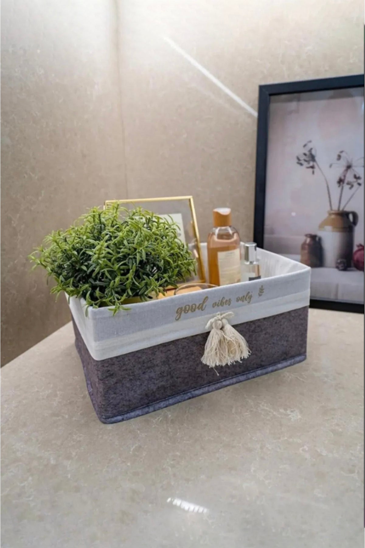 Dikdörtgen Keçe Dekoratif Saklama Sepeti Mega 31x22x16 cm - Gri